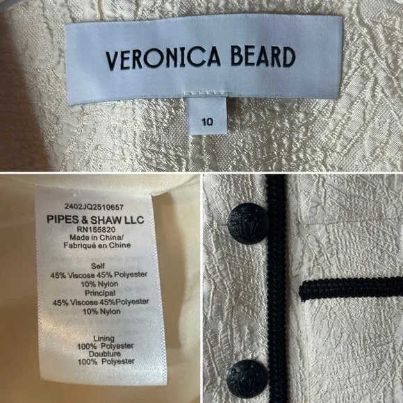 VERONICA BEARD Darla Jacquard Contrast Trim Jacket Size 10 Ivory Black - Picture 8 of 16